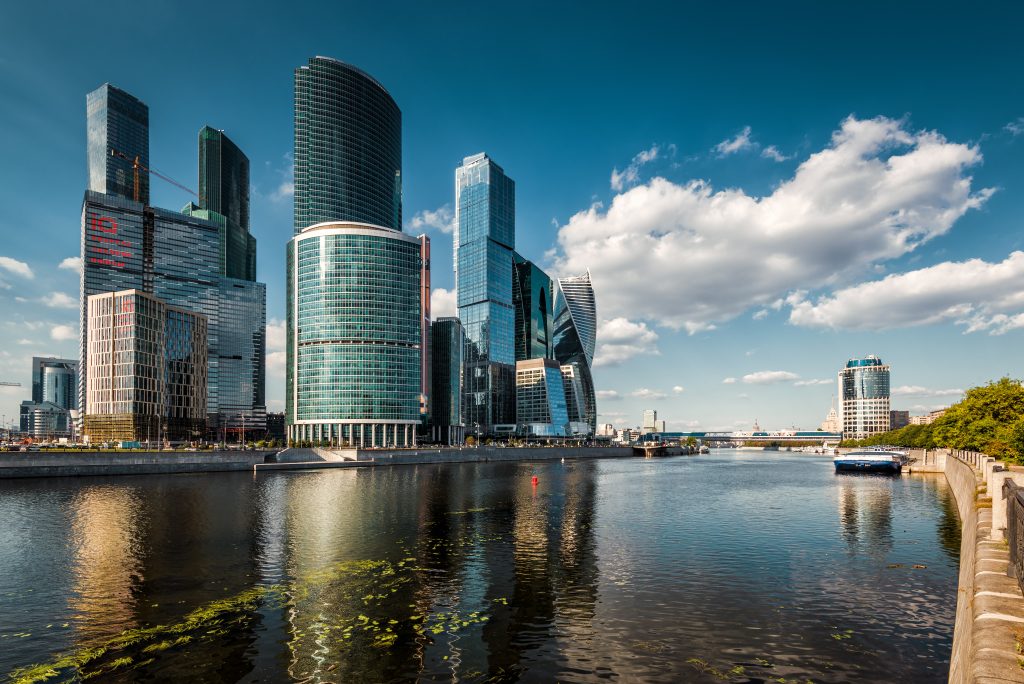 MOSCOW - AUGUST 10, 2016: Skyscrapers of Moscow-city (Moscow International Business Center) over Moskva River. Moscow-city is a modern commercial district in central Moscow.